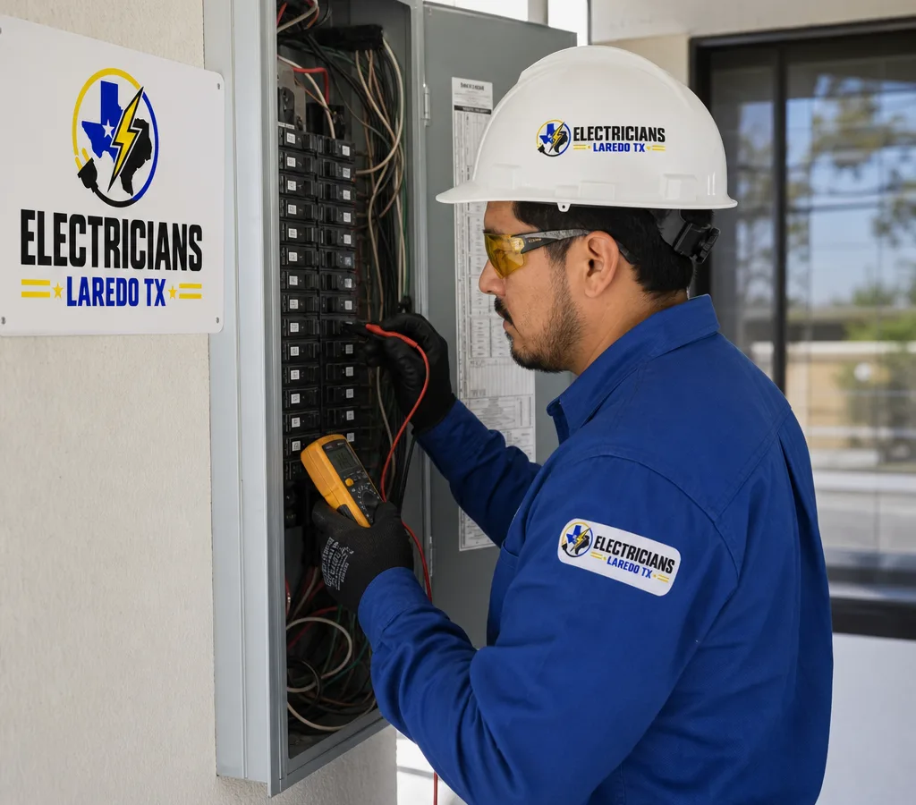 Licensed electrician working safely at a residential main panel in Laredo