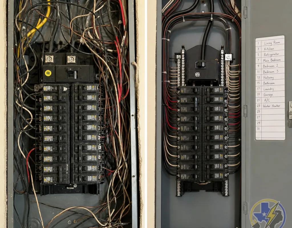 Before and after view of a Laredo breaker panel cleaned up and clearly labeled