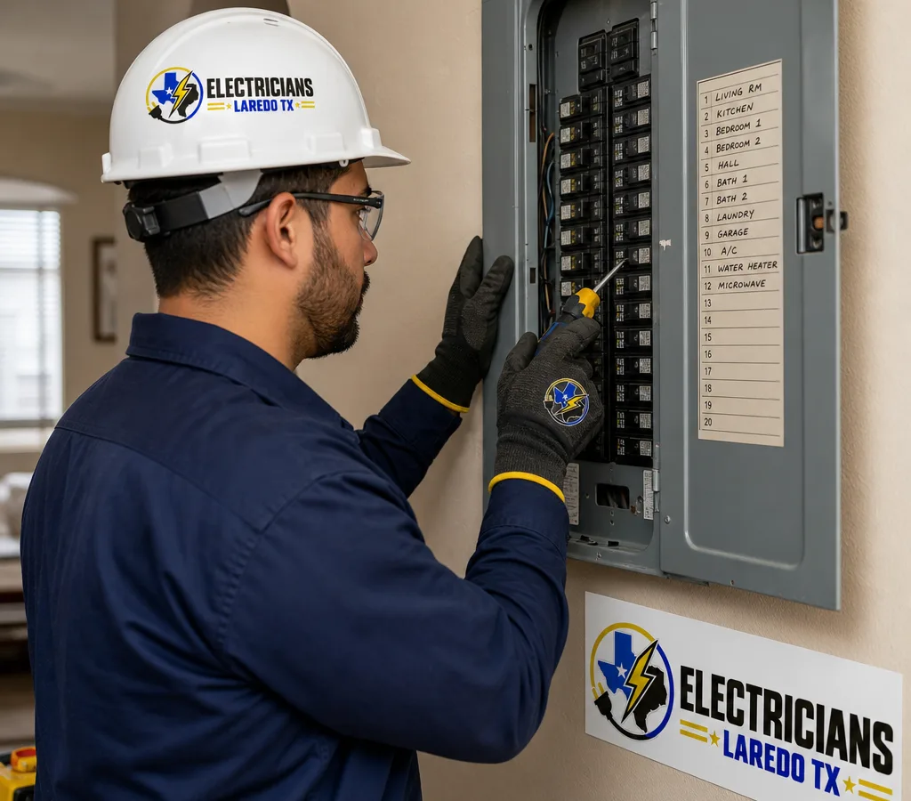 Licensed electrician working at a labeled residential breaker panel in a Laredo home