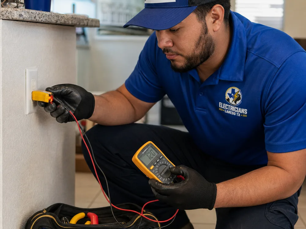 Electrician testing receptacle grounding and polarity in a Laredo home