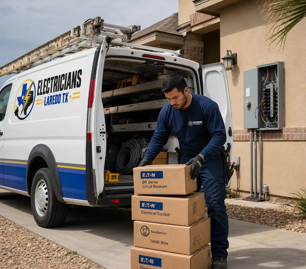 Licensed electrician unloading labeled electrical supplies from a service van at a Laredo home