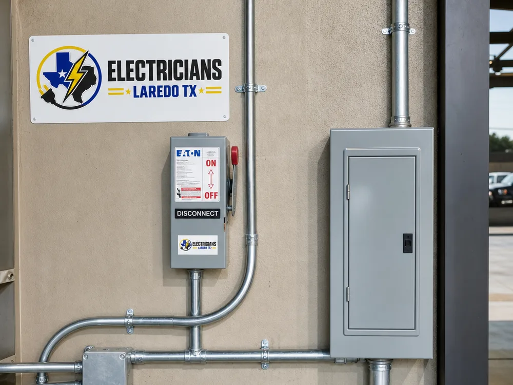 Commercial conduit run with correct supports, a labeled disconnect, and clean panel transitions