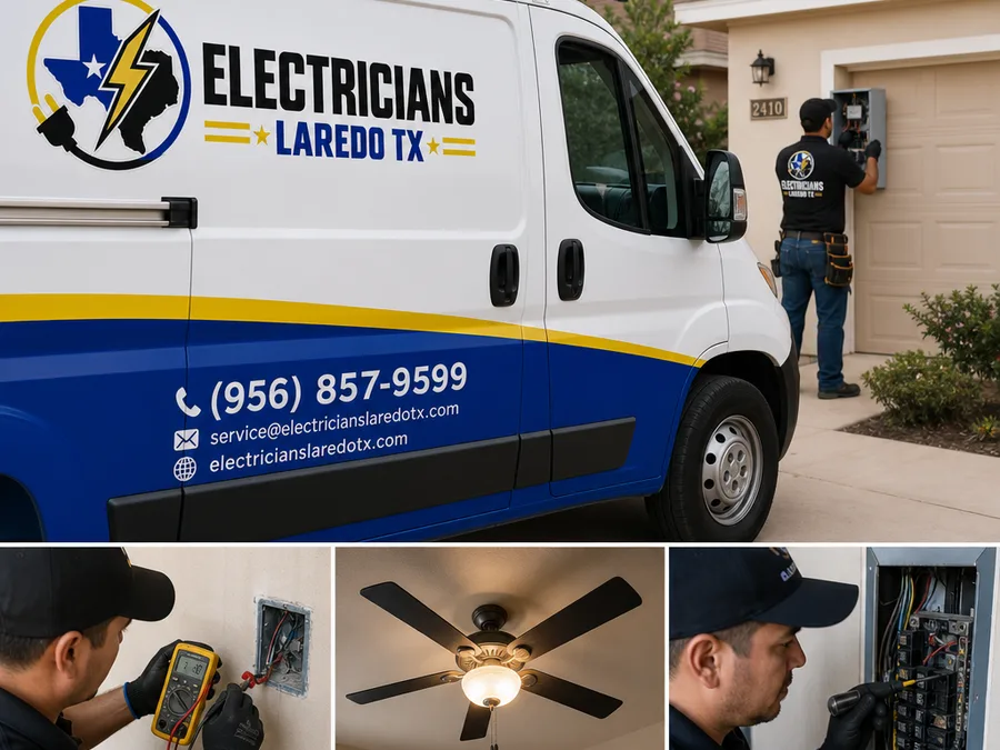 Electrician diagnosing a flickering-light issue and testing residential wiring in Laredo