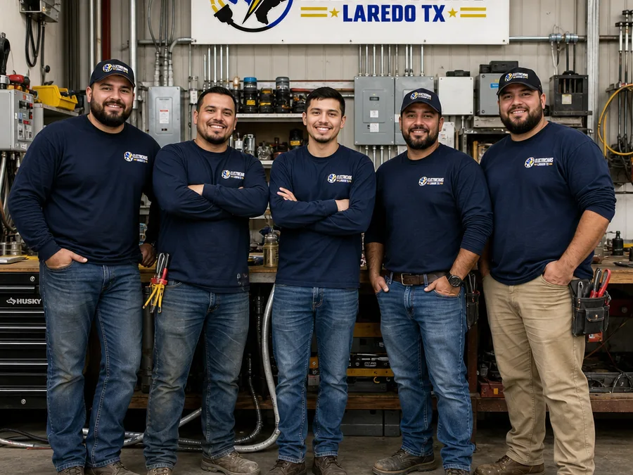 Uniformed Laredo electricians with organized tools and electrical safety equipment